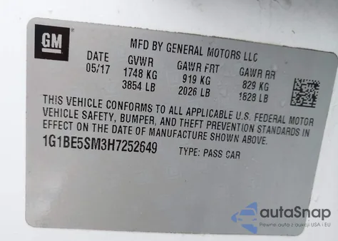 2017 Chevrolet Cruze Lt Auto из США, поврежденный, VIN 1G1BE5SM3H7252649